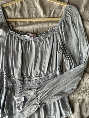 SO Light Blue Smocked-Waist Peasant Blouse